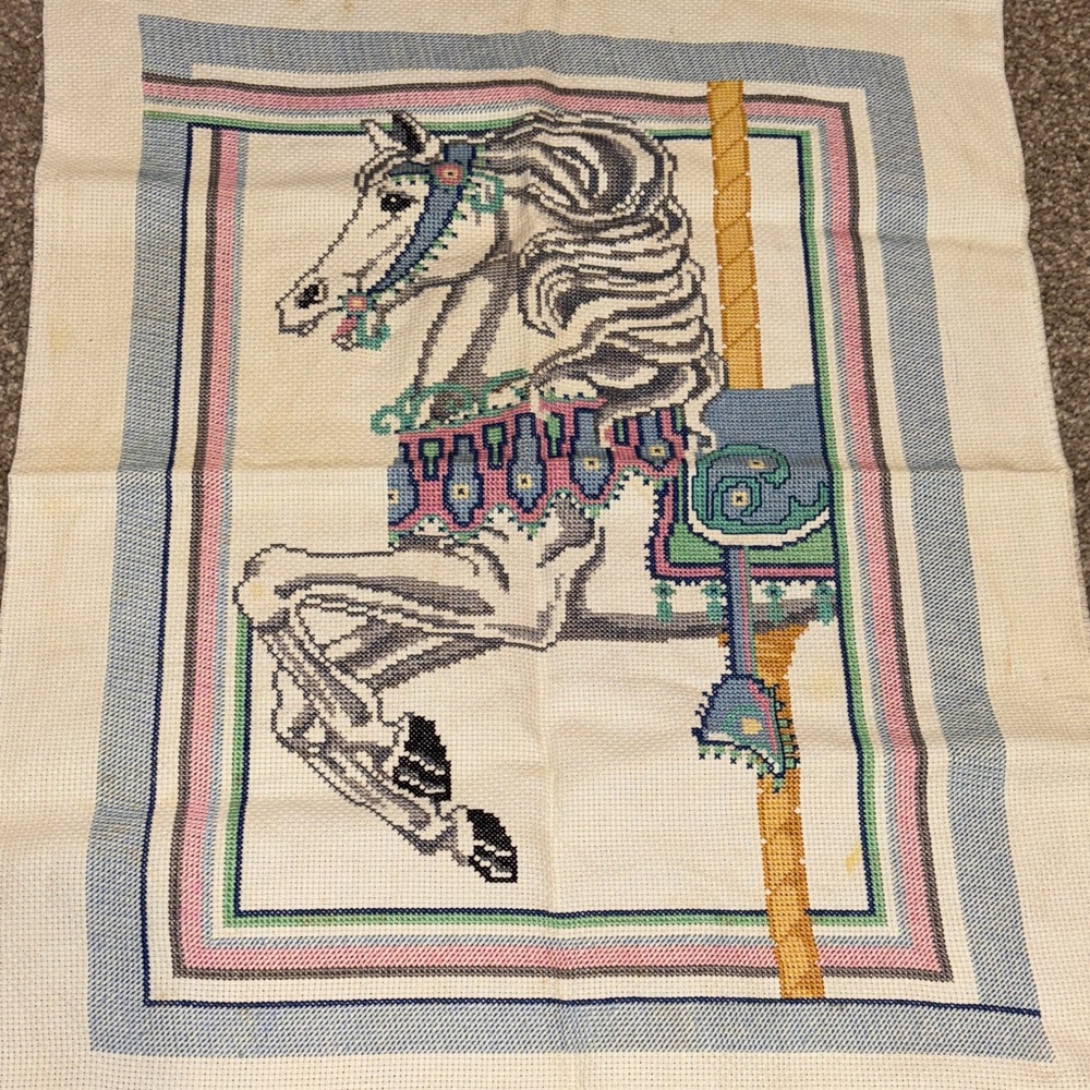 Vintage GOLDEN BEE Carousel Horse #60277 Finished Cross Stitch Piece